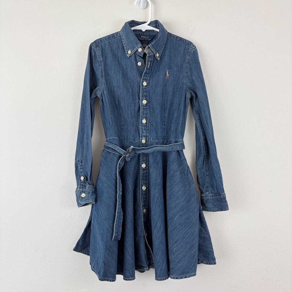 Polo Ralph Lauren Kids Blue Denim Button Down Fit and Flare Belted Dress Size 7